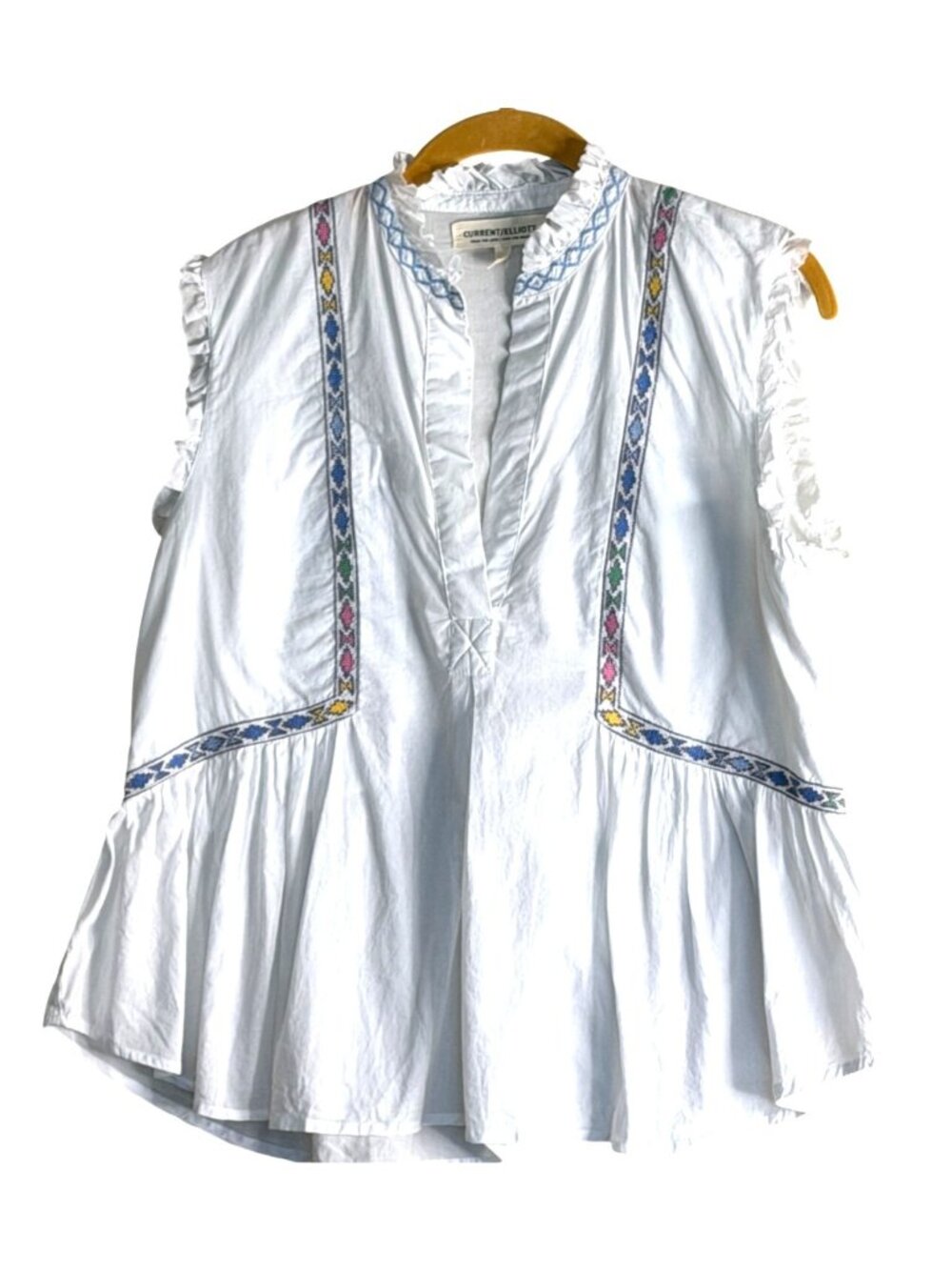 Current/Elliott Women's Ruffle Collar Geometric Stitch Top White Baby Doll Sz M